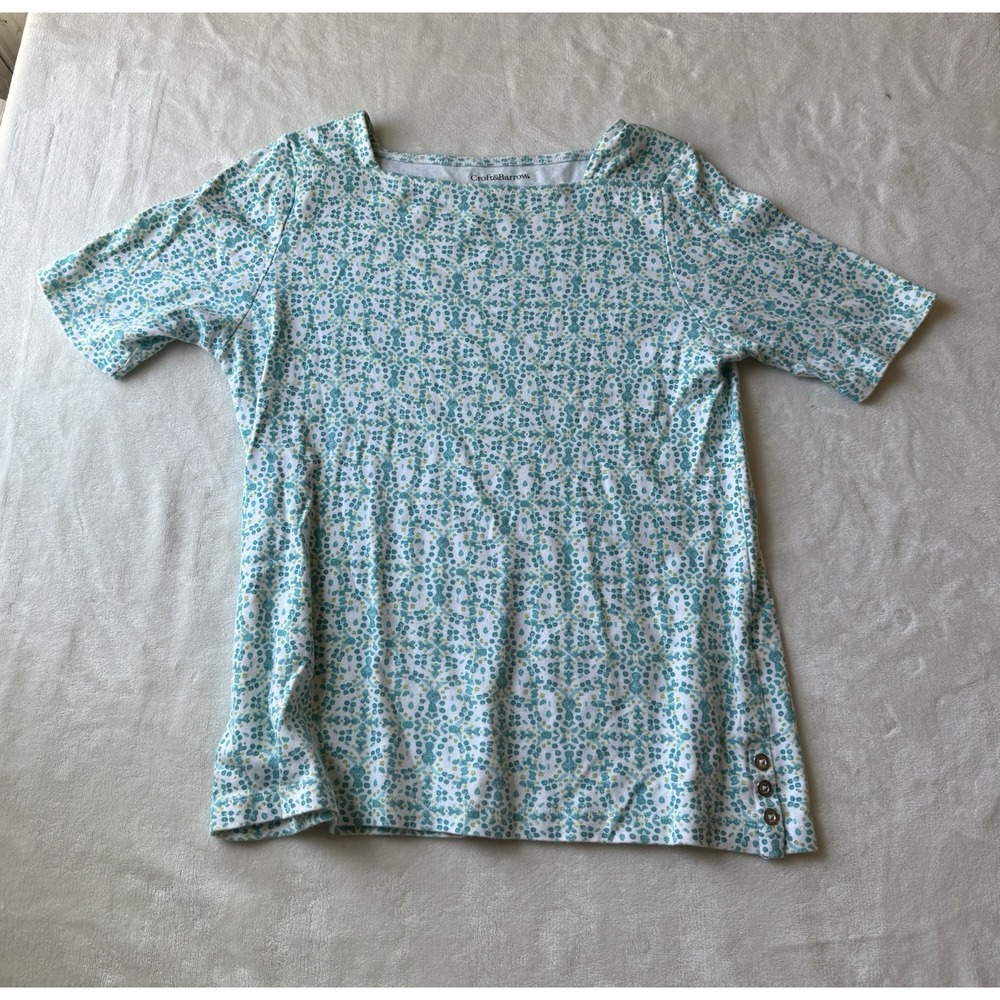 Croft & Barrow Womens S Teal Geometric Mosaic Print Cotton Boat Neck Button